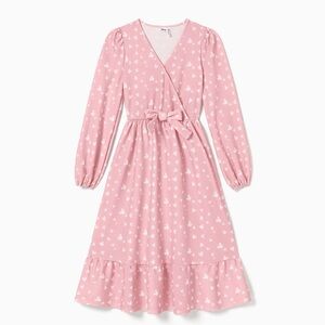 PatPat Pink Long Sleeve Wrap Midi Dress with Bow